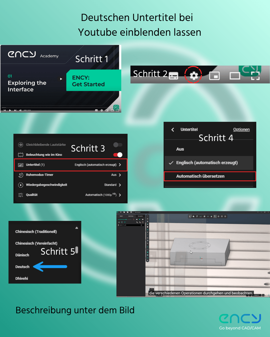 Wie kann man einen deutschen Untertitel einblenden lassen? 1 Deutschen Untertitel bei Youtube einblenden | CAD/CAM Programmiersoftware für CNC Maschinen und Industrieroboter
