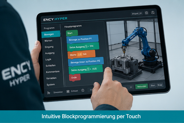 ENCY Hyper Touch Oberfläche zur blockbasierten Roboterprogrammierung