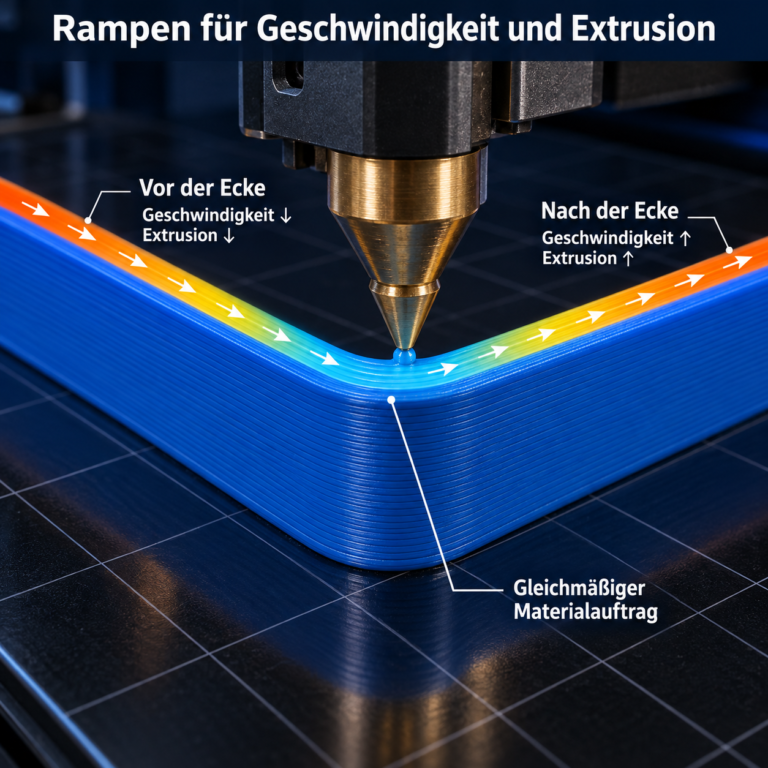 Vorschub und Extrusion an Ecken rampen – technische Prozessillustration