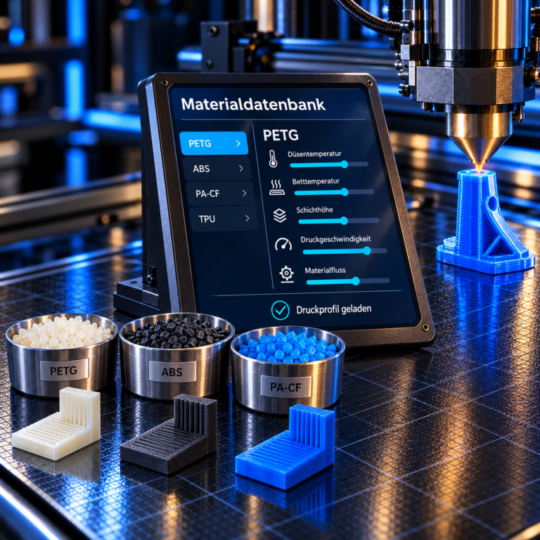 Materialdatenbank mit Druckparametern – technische Prozessillustration
